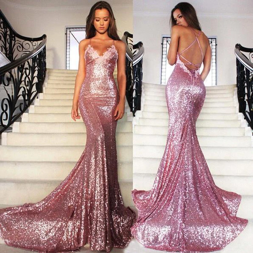 Glamurosos vestidos de fiesta con lentejuelas, escote en V y tirantes finos estilo sirena.
