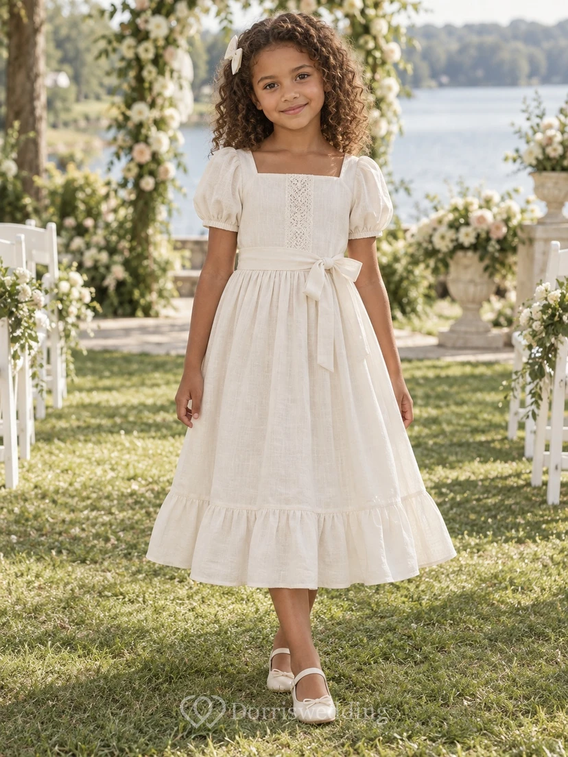 Tea-length Square Neck Country Ivory A-line Pintucked Puff-sleeve Ruffle-hem Flower Girl Dress