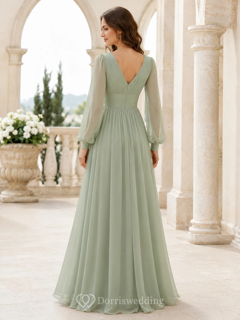 Celadonfarbenes Chiffon-Brautjungfernkleid mit V-Ausschnitt, Poetenärmeln und tiefem V-Ausschnitt am Rücken sowie Reißverschluss view 2