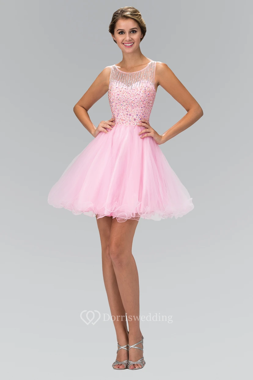 A-Line Mini Scoop-Neck Sleeveless Tulle Illusion Dress With Beading And Ruffles