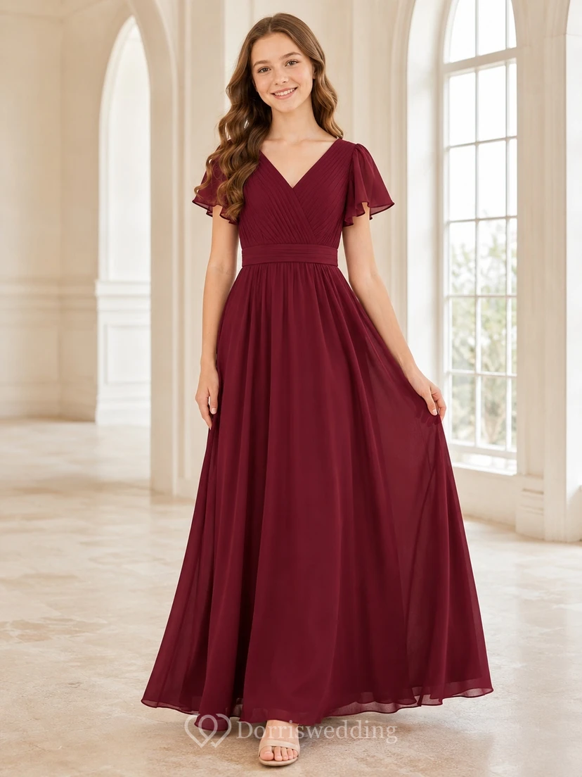 Robe de demoiselle d'honneur junior bordeaux, coupe trapèze, col en V, manches courtes froncées, style romantique