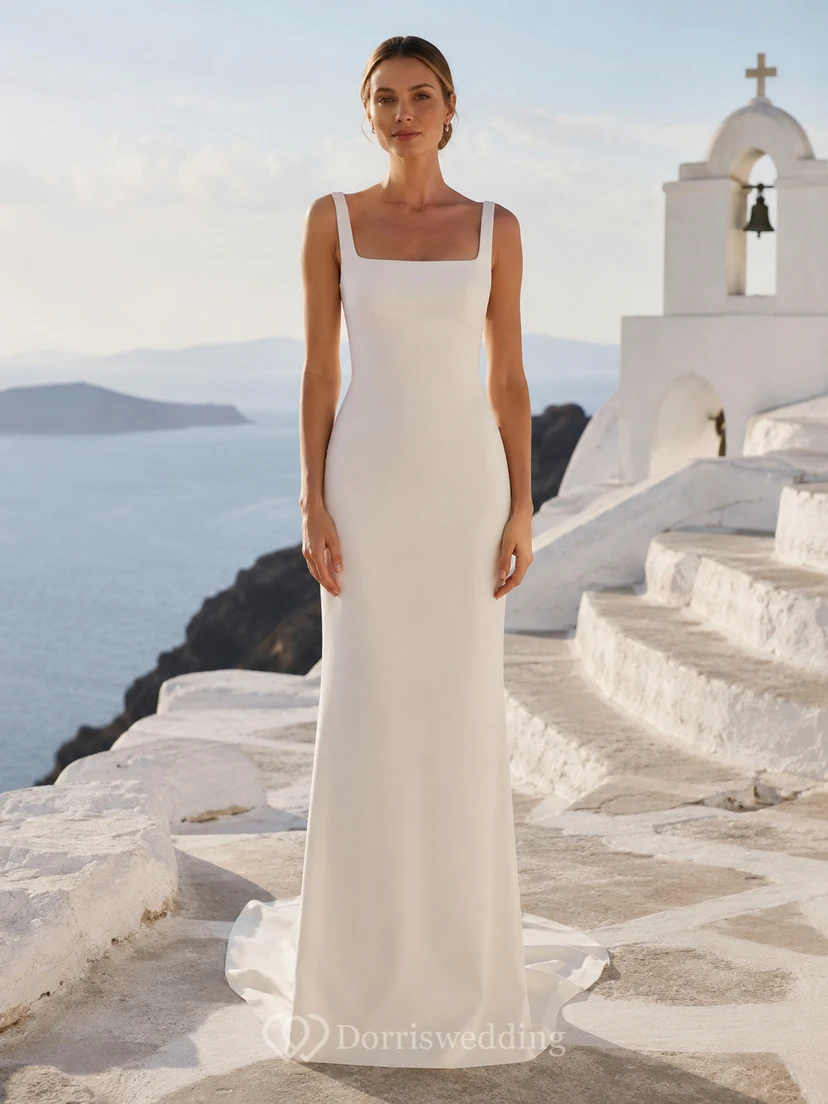Low Back Square Neck Minimal Satin Cliffside Elopement Gown