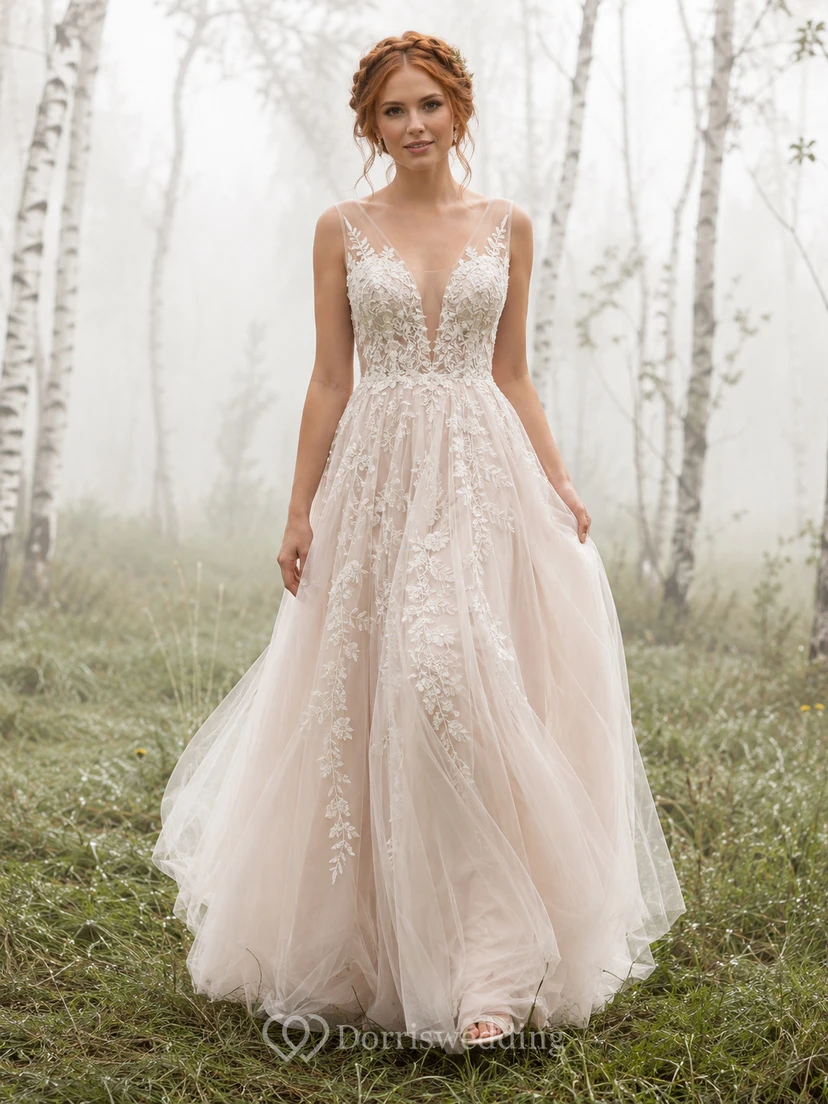 Tüllkleid mit tiefem V-Ausschnitt, Blattapplikationen und nebligem Waldmotiv