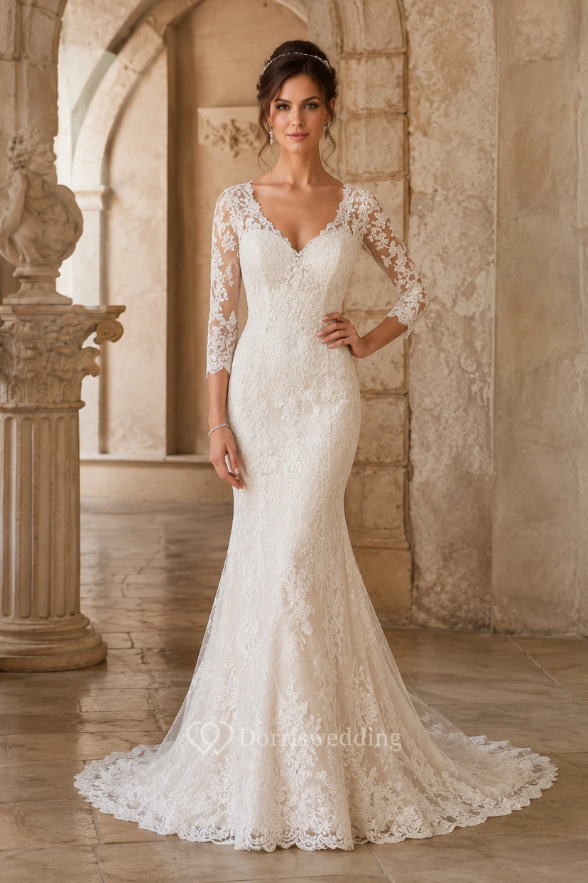 Robe de mariée sirène en dentelle à col en V, manches trois-quarts et traîne.