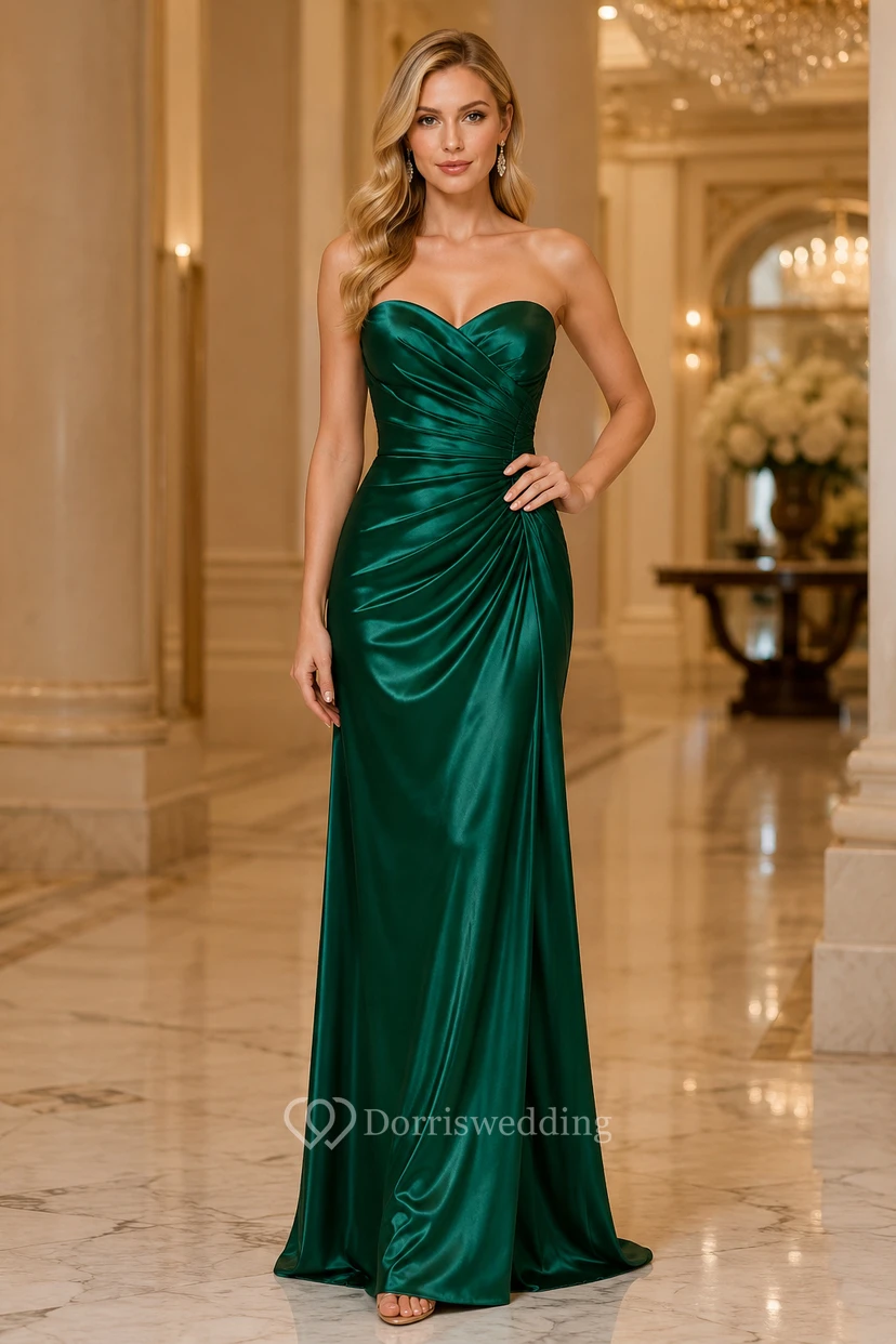 Vestido formal de talla grande, color verde oscuro, de satén, sin tirantes, estilo sirena, con escote corazón y fruncido.
