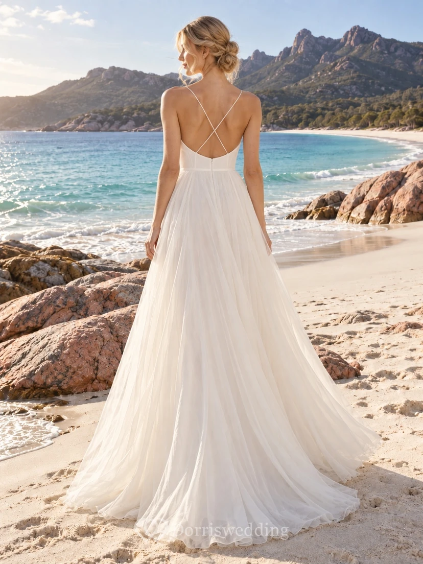 Einfaches, locker fallendes A-Linien-Brautkleid im Spaghetti-Schnitt, das perfekt in die Taille passt und am Strand einzieht view 2