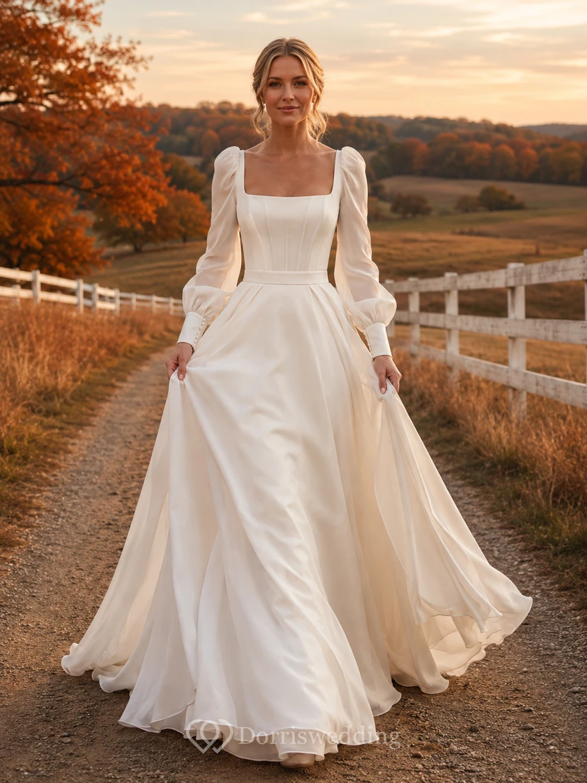 Vestido de novia rústico de corte A con escote cuadrado y mangas largas de satén y gasa, ideal para otoño.