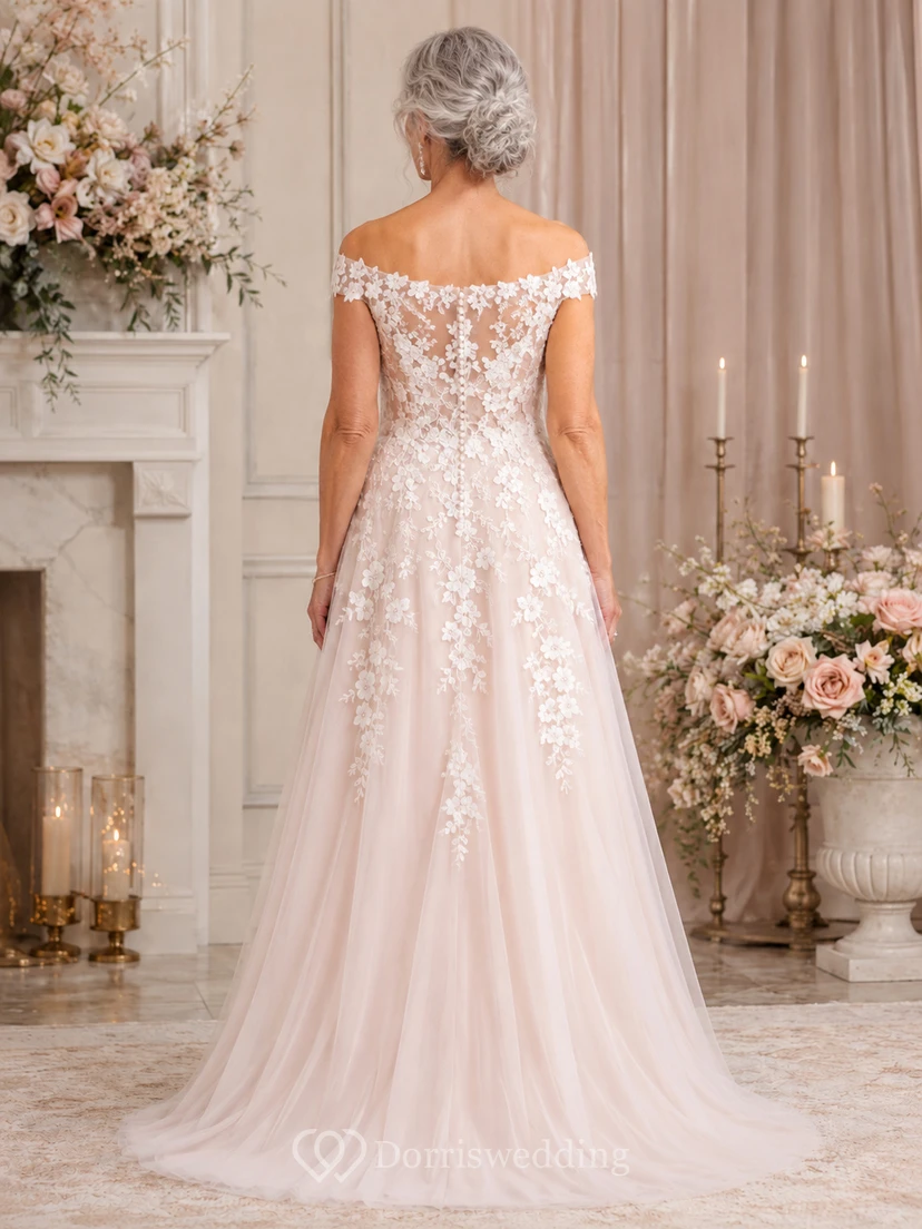 Blushing Pink Off Shoulder Lace A-Line Older Brides Wedding Dress view 2
