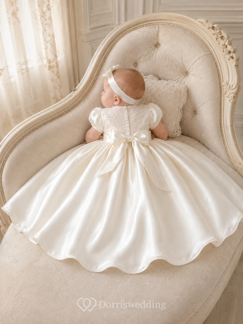 Baptism Dress Luxury Satin A-Line Scoop Neck Short Sleeve Bow Sash view 2