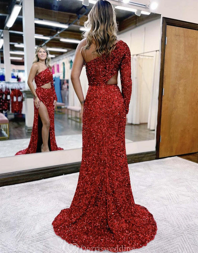 Robe deux-pièces rouge vif à une épaule et sequins view 4