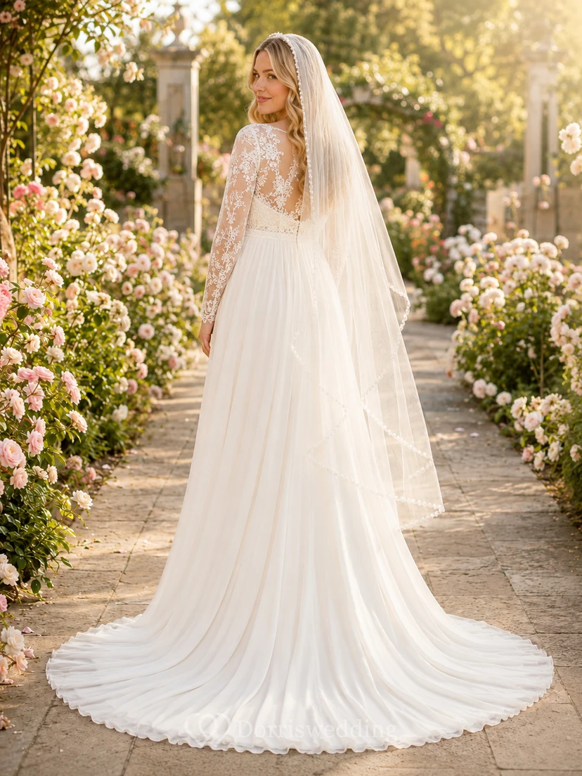 Maternity Wedding Dress V-Neck Long Lace Sleeve A-Line Gown with Garden Train view 2