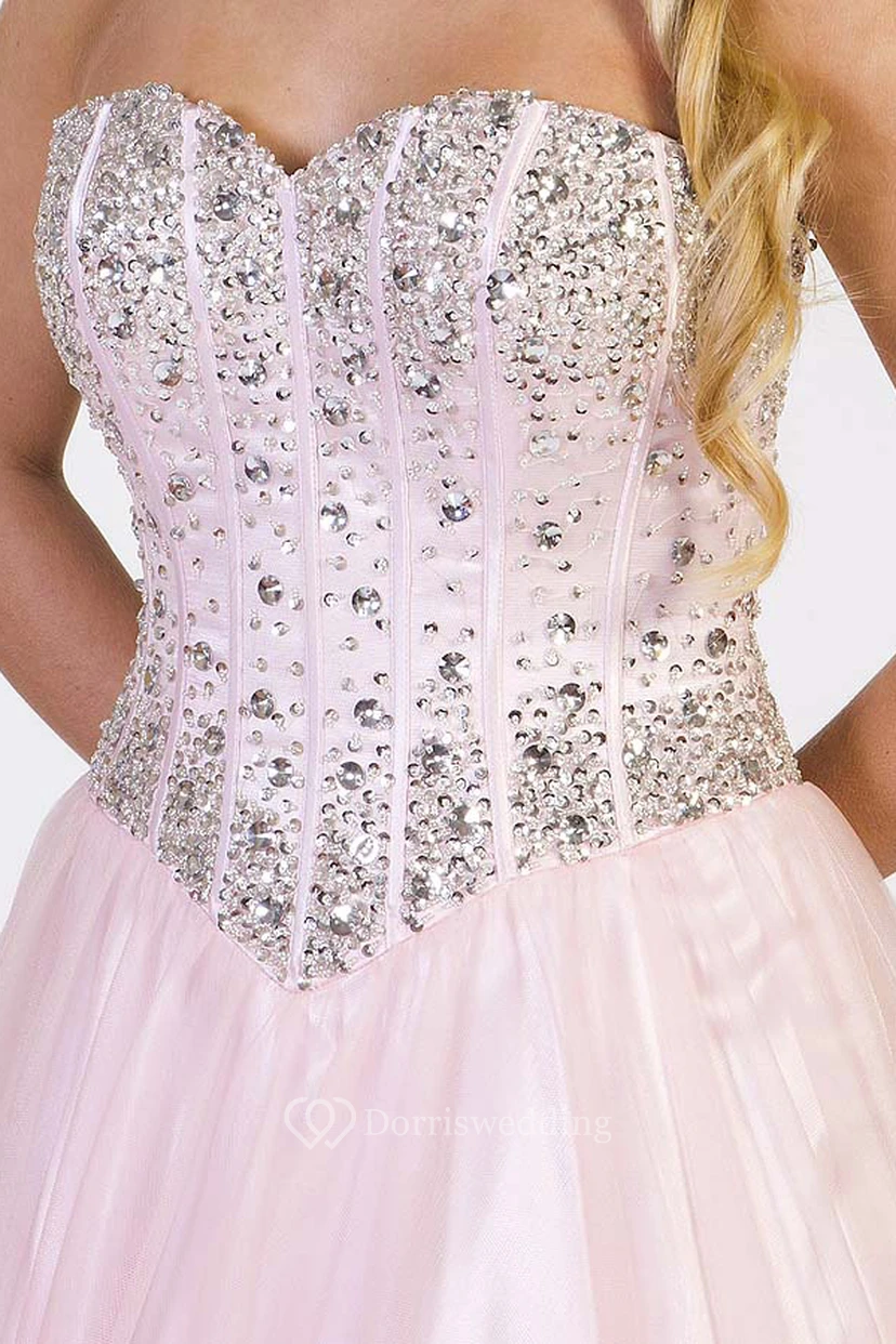 Vestido de fiesta largo de tul sin mangas con escote corazón y abalorios, corte en A view 4