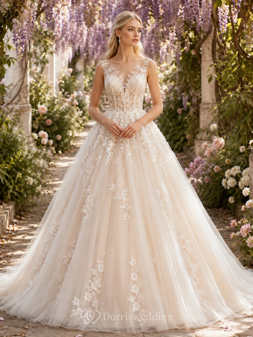 Champagnerfarbenes Ballkleid mit floralen Applikationen, romantisches Brautkleid für den Garten