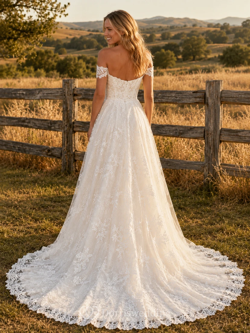 Robe de mariée bohème de maternité, col V, manches longues cloche, dentelle et tulle, style champêtre avec traîne view 2