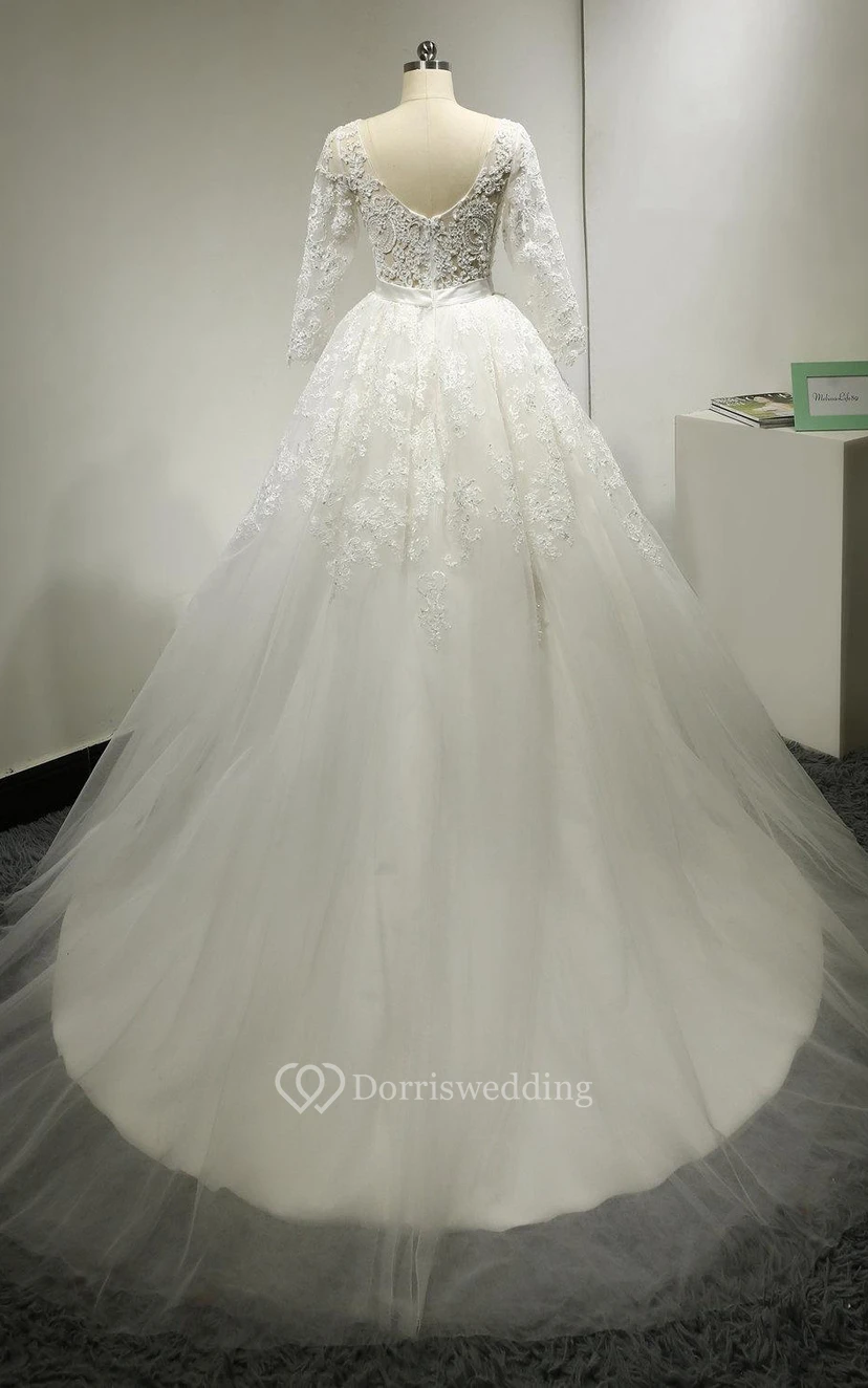 Lace and Tulle 3-4 Sleeve Bateau Neck Dress With Low-V Back view 4