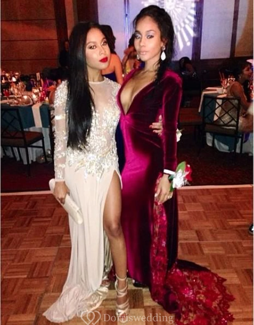 Long Sleeves Prom Dresses Pink Thigh-High Slit Sequined Backless Sexy Evening Gowns view 3