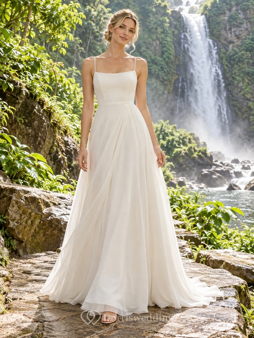 Vestido de novia sencillo de corte A con escote cuadrado, sin mangas, de gasa, tirantes finos y cintura fruncida.