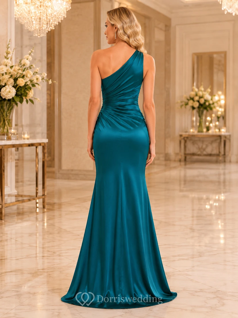 Teal One Shoulder Ruched Mermaid Satin Formal Evening Gown view 2