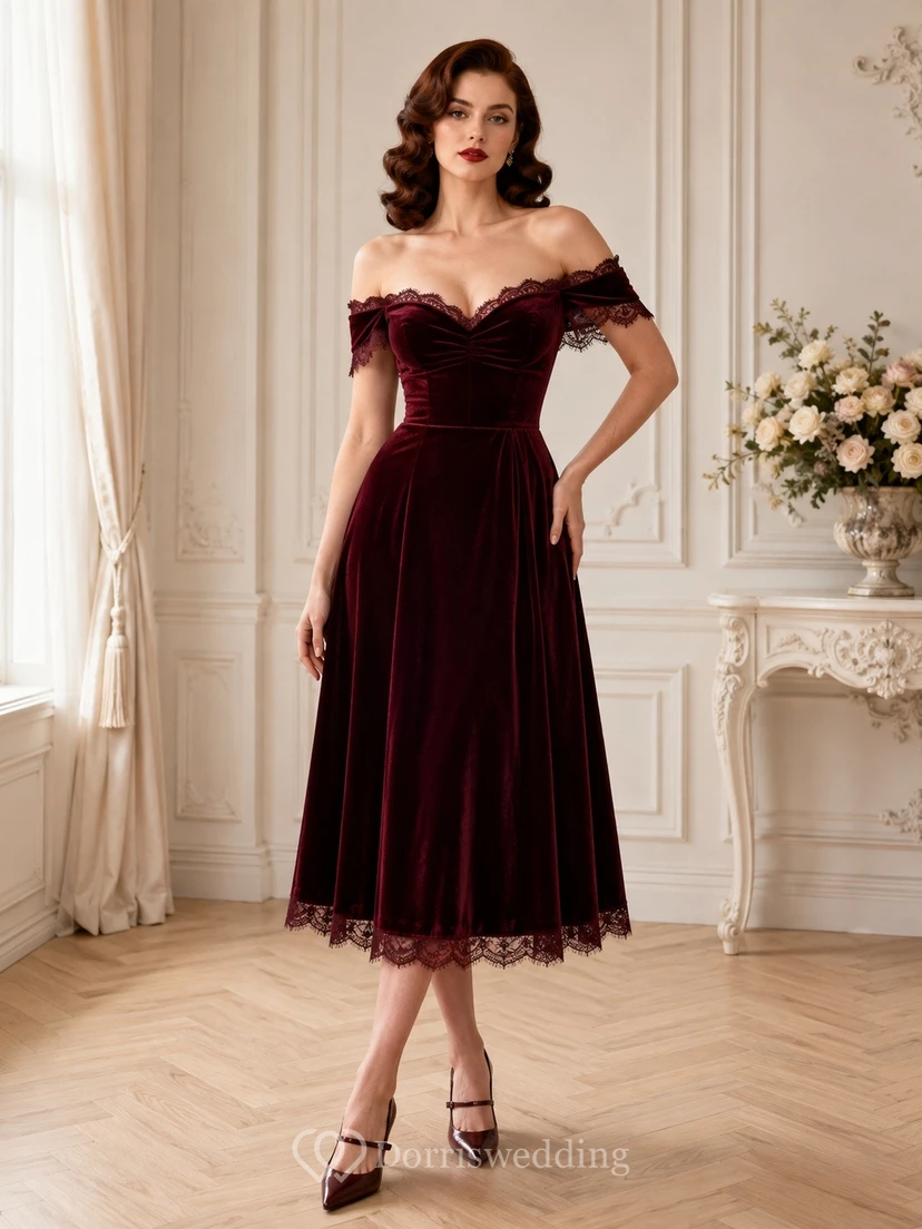 Vestido vintage de terciopelo burdeos, manga corta, escote Bardot y largo hasta la rodilla.