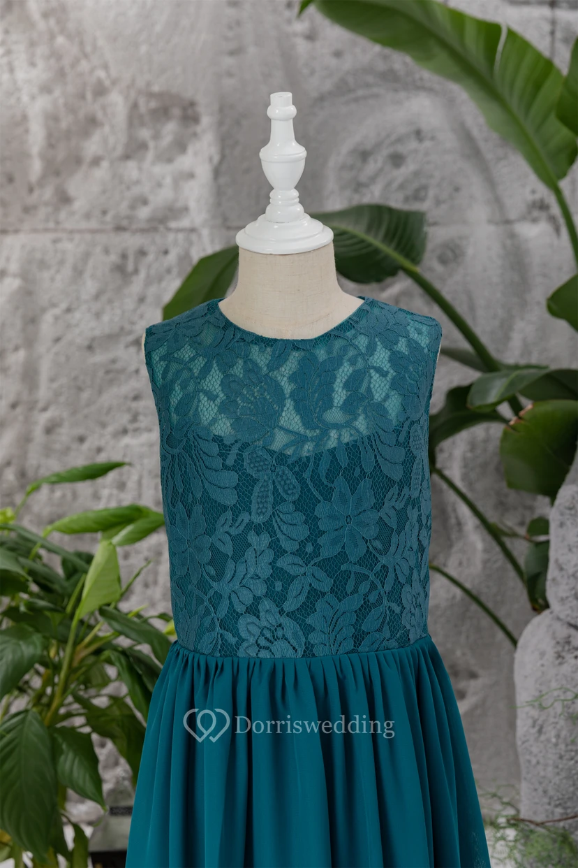 Scoop-neck Sleeveless Floor-length Ink Navy Flowergirl Dress with Lace Top view 3