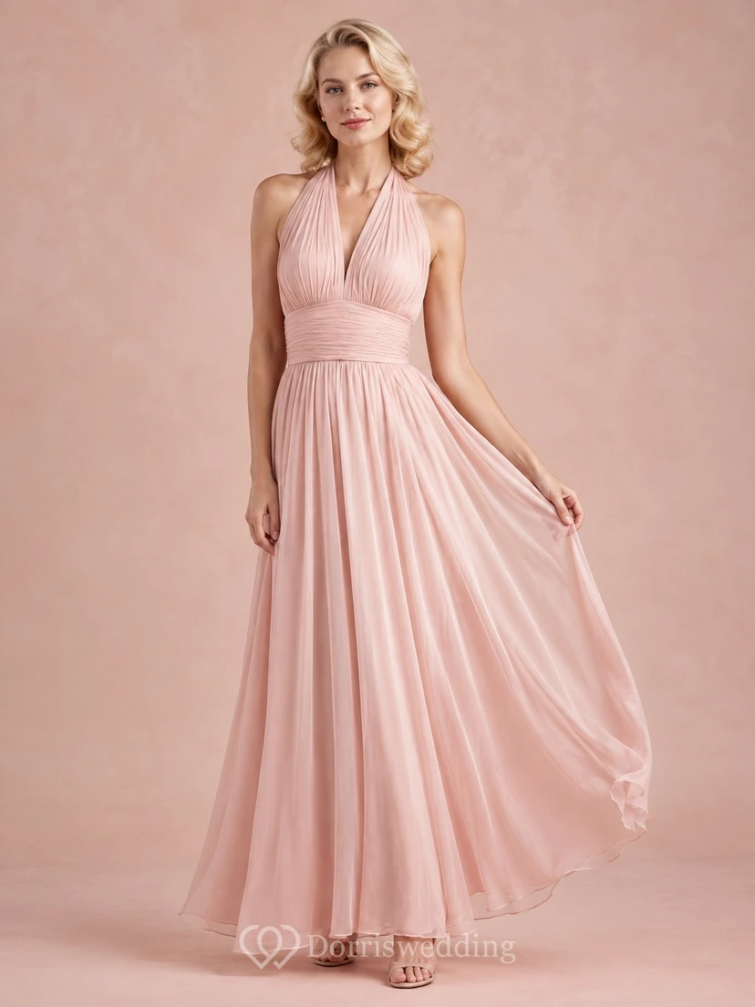 Blush Pink Halter Neck Sleeveless Pleated Floor Length Romantic Dress
