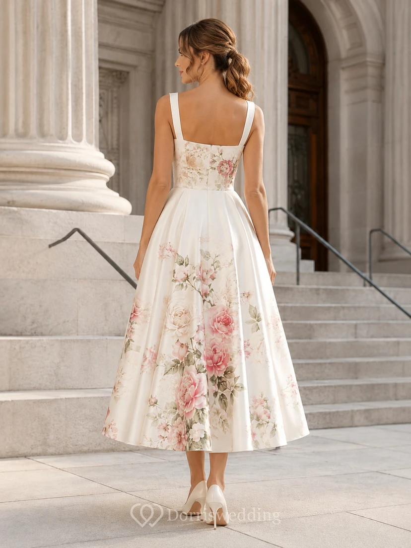 Painted Floral Satin Square Neck City Hall Midi Bridal Dress view 2