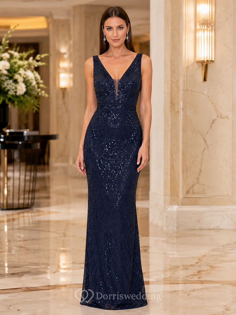 Vestido de sirena azul marino oscuro con escote en V, lentejuelas y cremallera en la espalda
