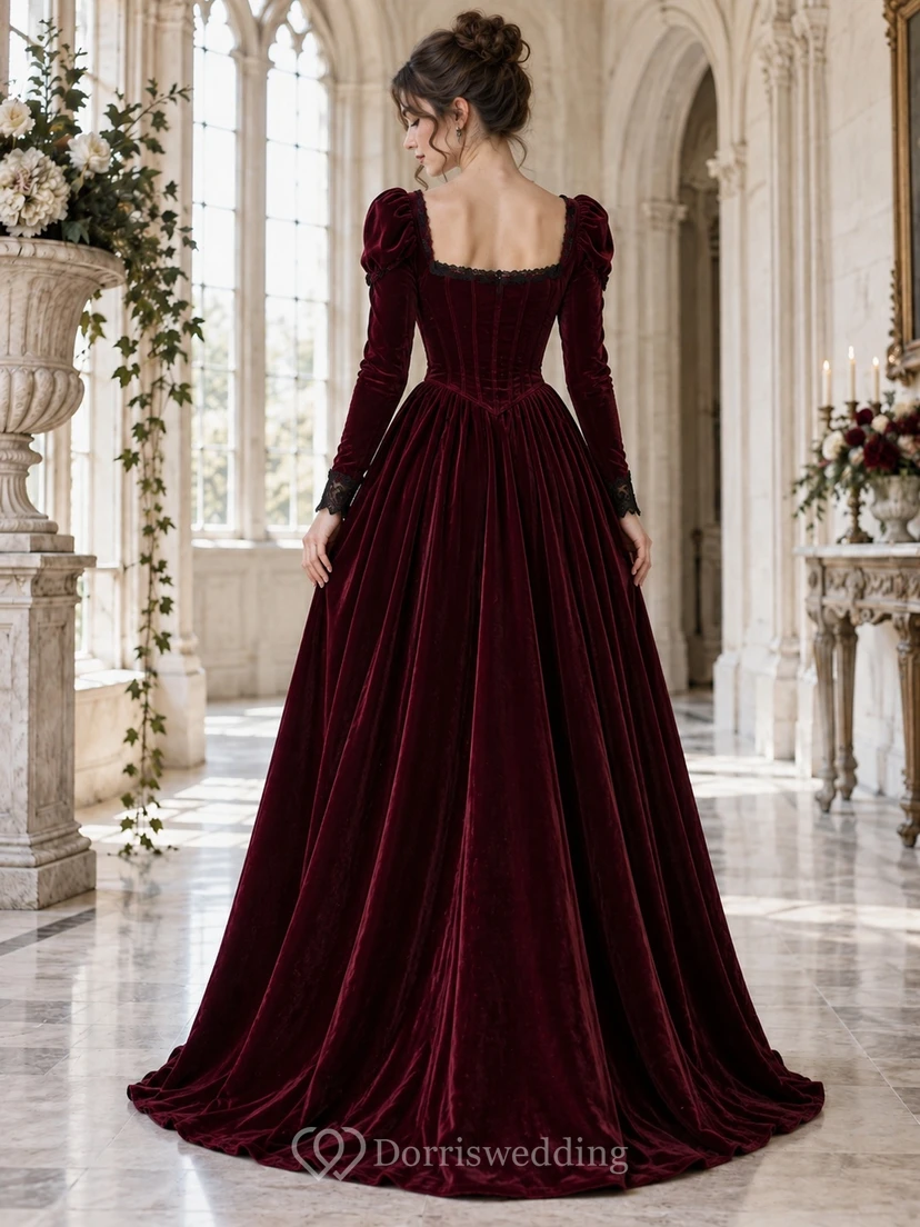 Elegante vestido formal largo hasta el suelo de terciopelo burdeos con mangas cuadradas. view 2