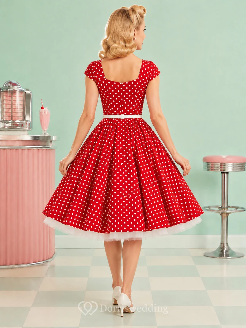 Rotes, gepunktetes, herzförmiges A-Linien-Cocktailkleid aus Satin im Vintage-Stil mit kurzen Ärmeln. view 2