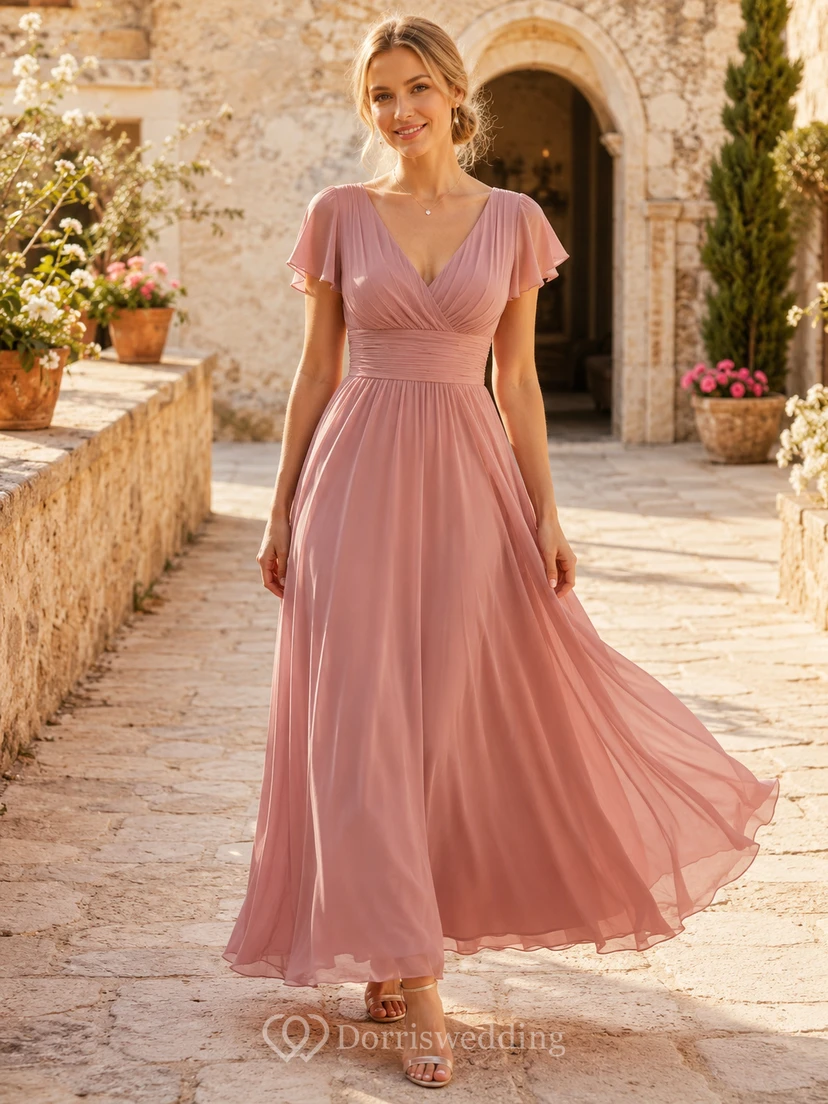 Romantic Dusty Rose V Neck Flutter Chiffon A Line Bridesmaid Gown