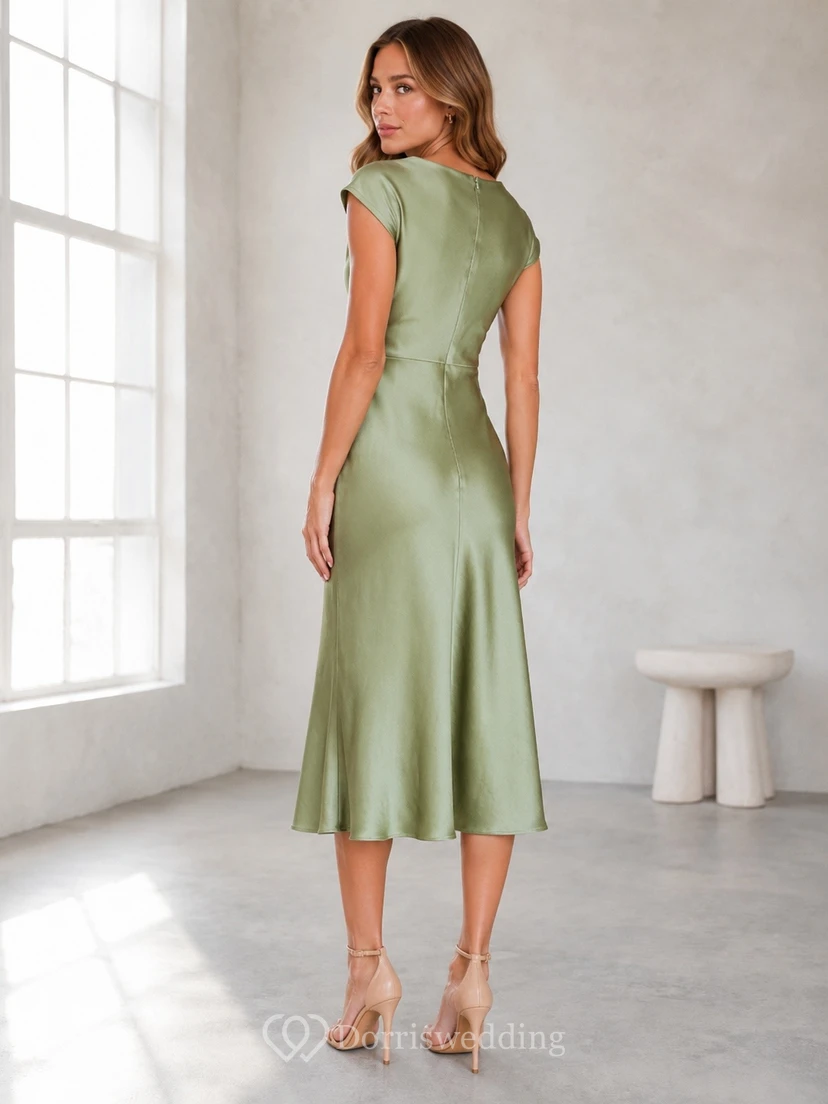 Robe midi fourreau en satin stretch vert sauge à manches courtes et col montant view 2