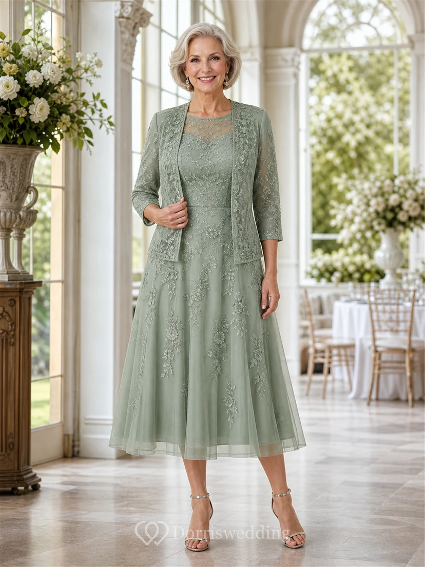 Sage Green Lace Applique Tea-Length Mother of the Bride Dress with Jacket view 3