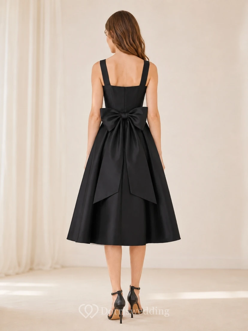 Schwarzes junges Brautjungfernkleid, A-Linie, ärmellos, wadenlang, Satin, Schleife, modern view 2