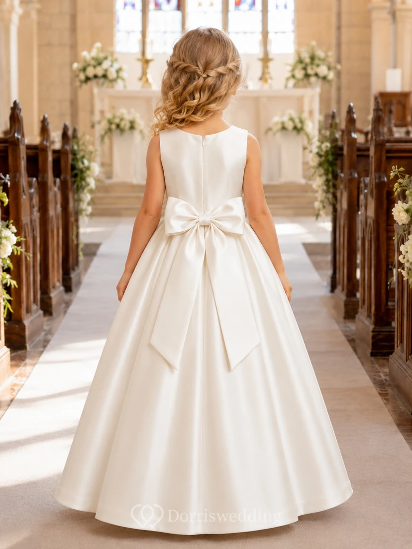 Klassisches A-Linien-Blumenmädchenkleid aus Satin mit Schleife am Rücken view 2