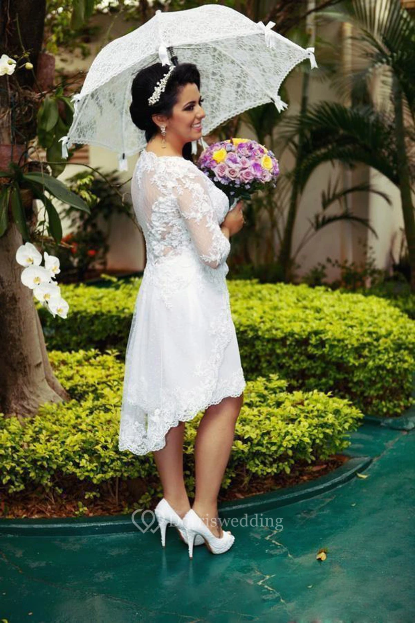 Vintage Brautkleid in Übergröße mit Spitze, A-Linie, halblangen Ärmeln, Illusion-Oberteil und kurzem Schnitt, Gartenstil view 3