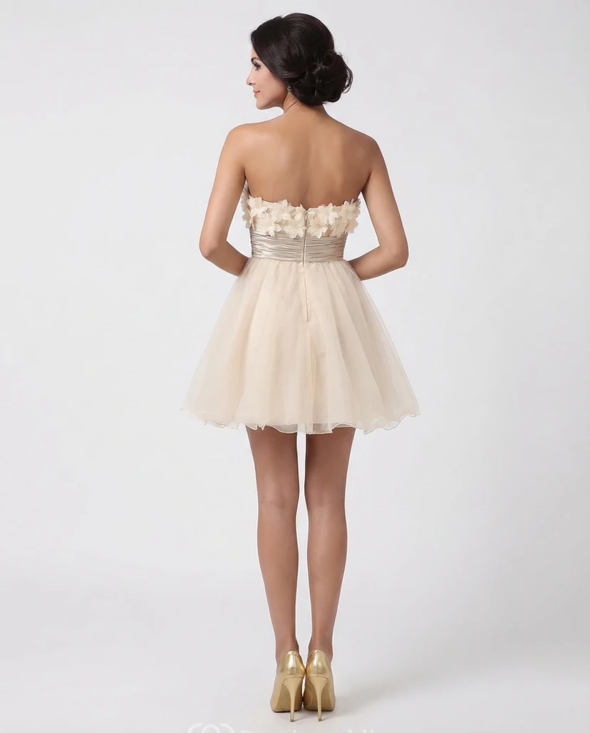 Champagne A-Line Mini Dress with Flowers view 2