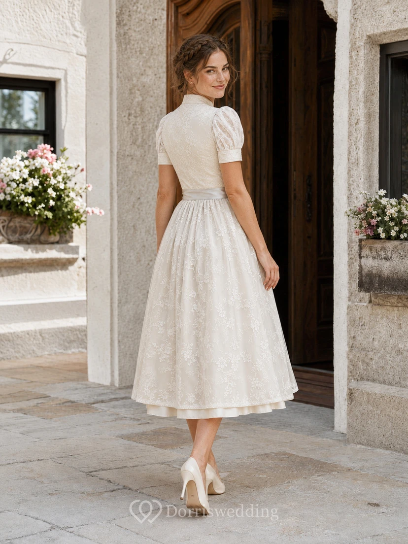 Modern High Neck Puff Sleeve Lace Skirt Sash Tea Bridal Wedding Dirndl view 2