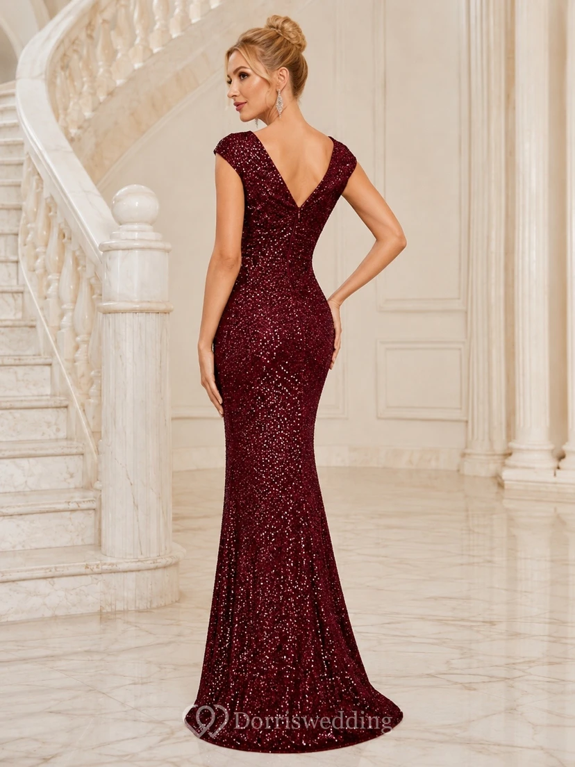 Burgundy V-Neck Short-Sleeve Sequined Mermaid Sweep-Train Formal Gown view 2