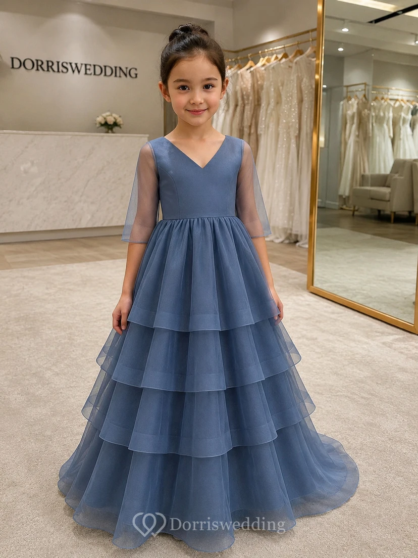 V-neck Illusion Half-sleeve Tiered A-line Flowergirl Dress with Sweep Train view 8