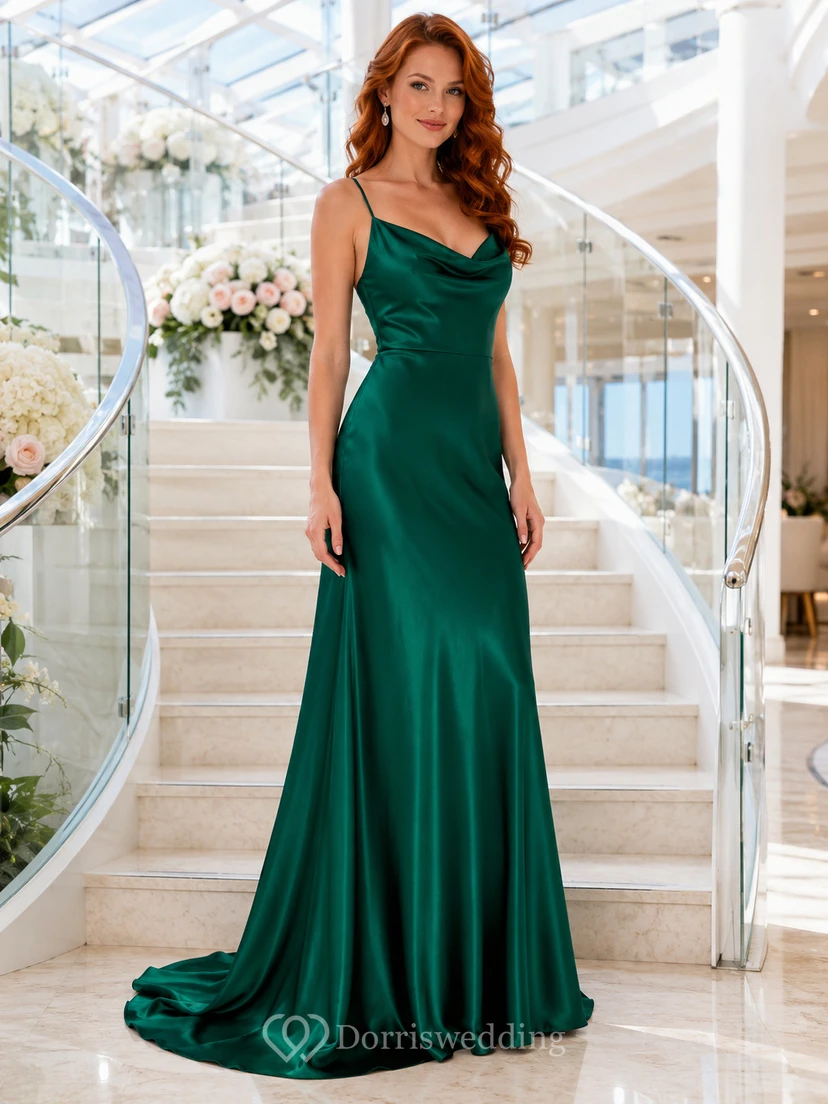 Smaragdgrünes Abendkleid aus Satin mit Wasserfallausschnitt und Spaghettiträgern