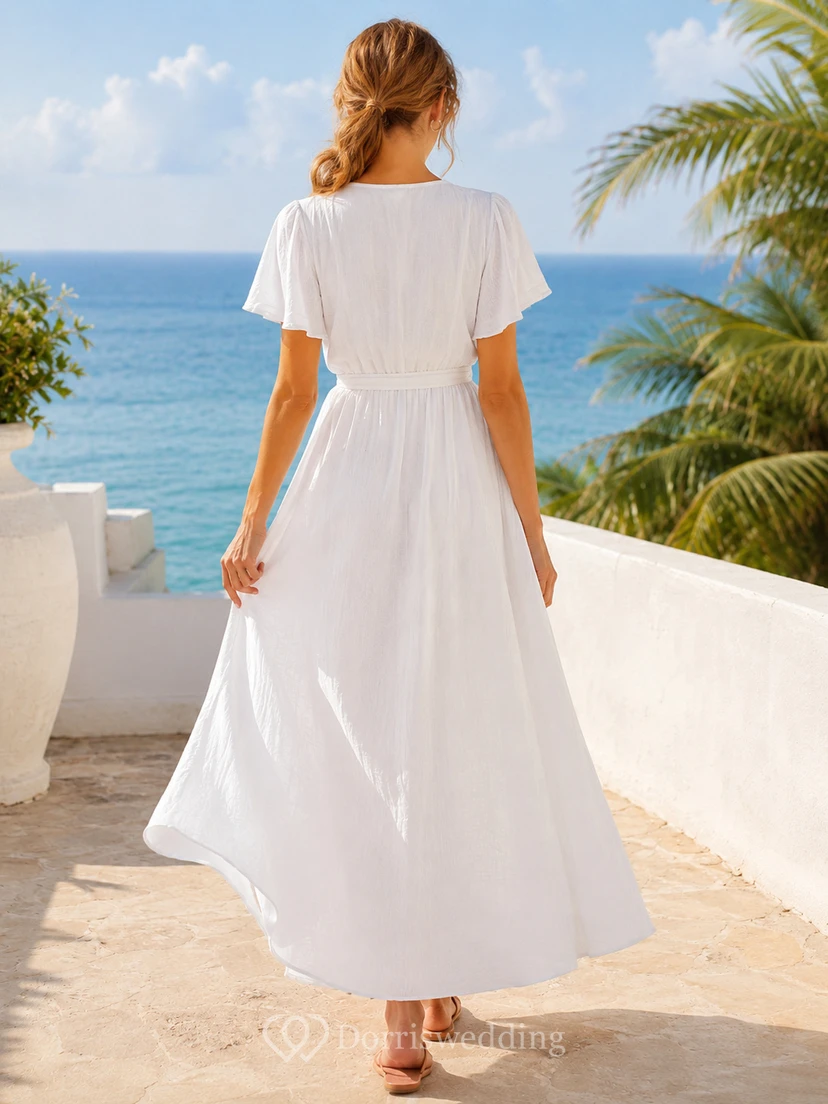White Short Sleeve V Neck Wrap Beach Vacation Maxi Dress view 2