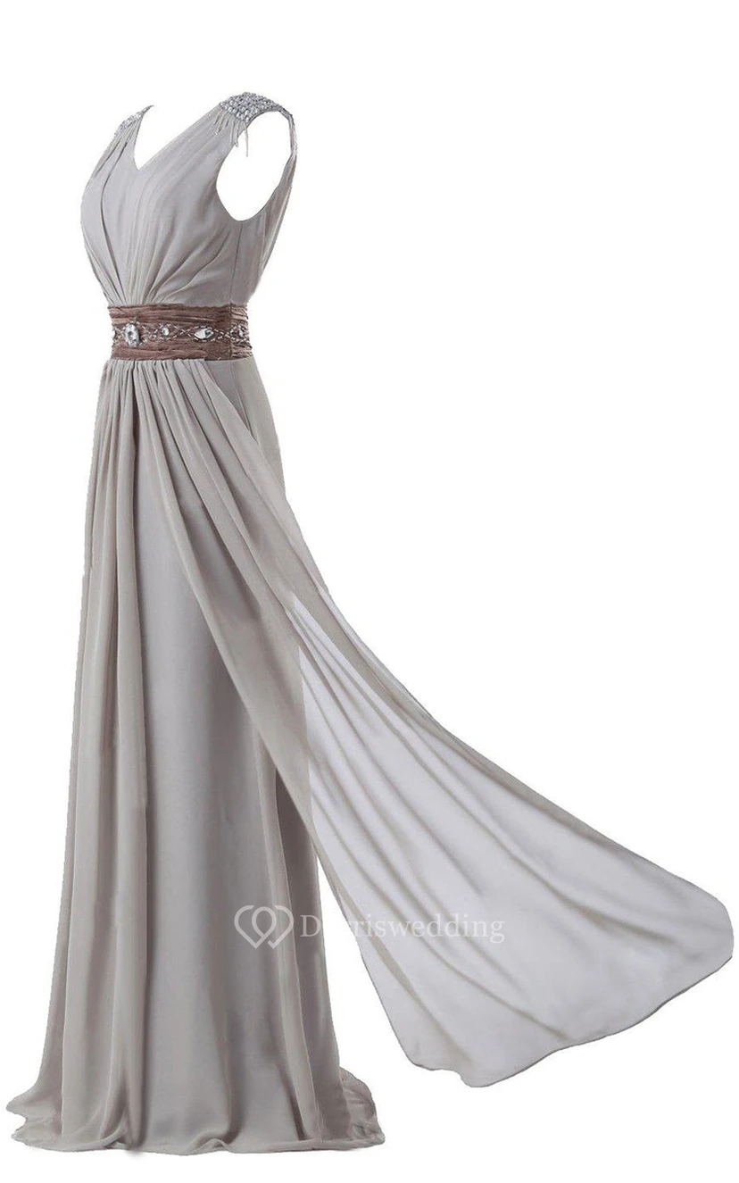Sleeveless V-neck Long Chiffon Gown With Rhinestone view 12