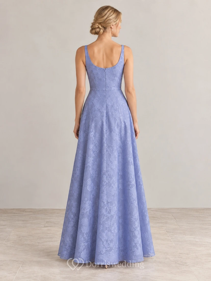 Elegantes periwinklefarbenes Brautjungfernkleid mit floralem Jacquardmuster, Rundhalsausschnitt, A-Linie und bodenlang view 2