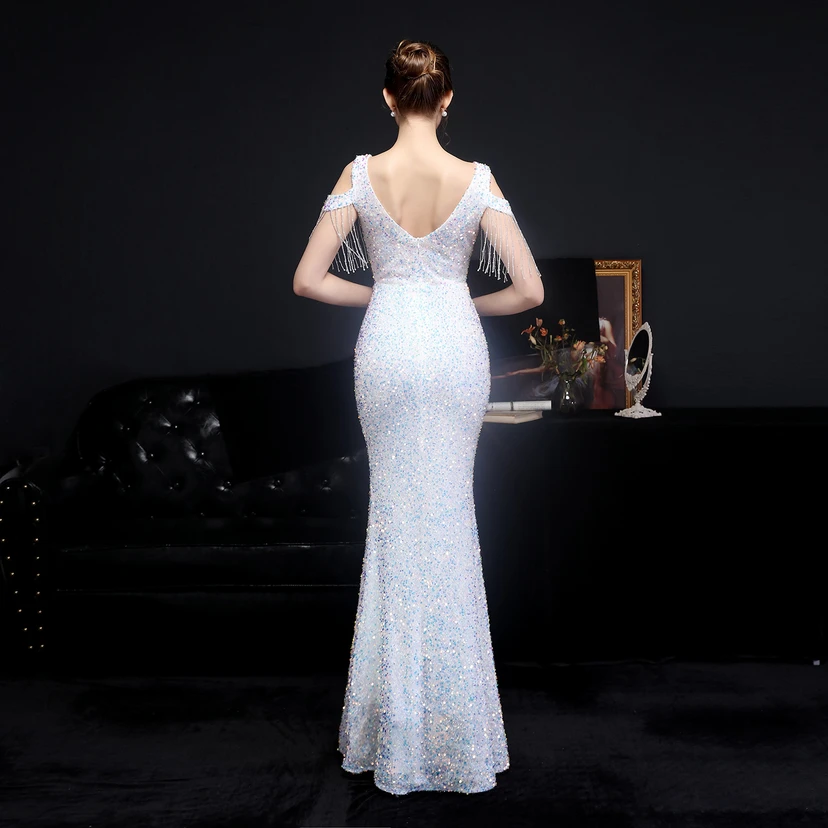 Vestido de novia largo con lentejuelas para banquete, falda ajustada de cola de pez, modelo de coche de boda, vestido de exhibición view 33