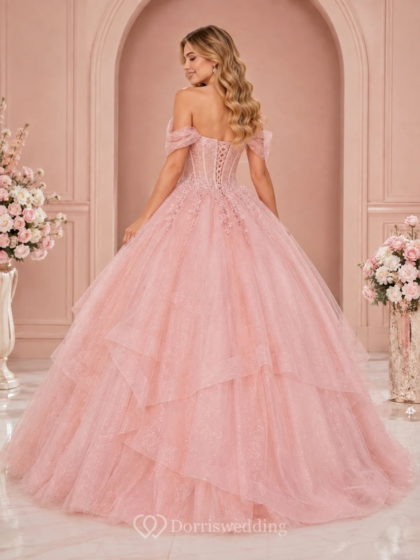 Blush Pink Sequined Tulle Off-Shoulder Tiered Ball Gown Quinceanera Dress view 2