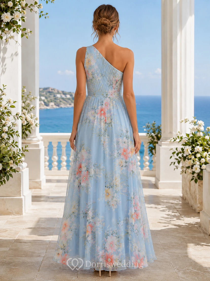 Blue Floral One Shoulder Chiffon Guest Maxi Dress view 2