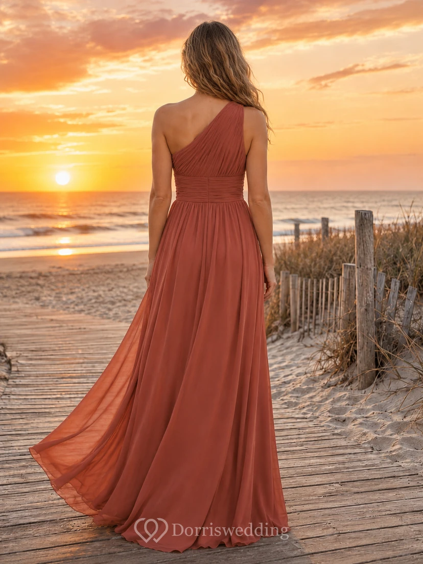 Papaya Sunset Beach A-Line Chiffon Bridesmaid Dress with Sleeveless One-Shoulder Bodice, Pleated Floor-Length Skirt and Low V Back view 2