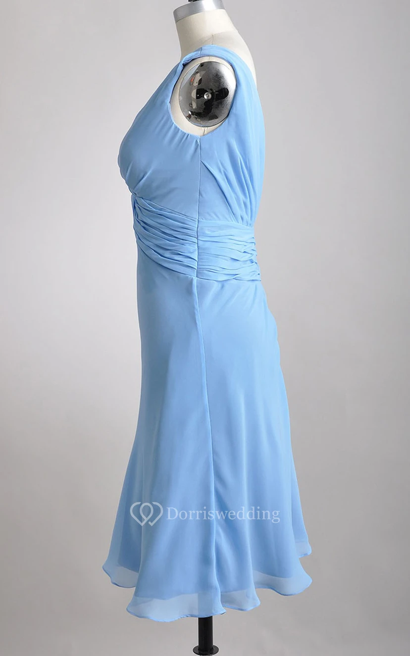 Knee-length Deep-V A-line Pleated Chiffon Teal Bridesmaid Dress view 4