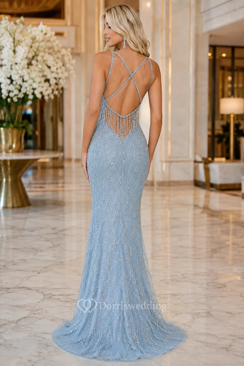 Evening Gown Sky Blue Sequin Mermaid Sweetheart Sleeveless Beaded Floor Length view 2