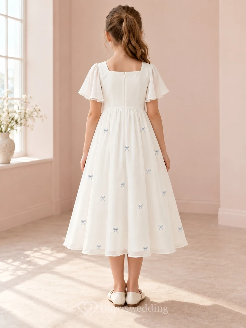 Modest Square Neck Ivory Tea-length Draped Flutter Sleeve Blue Bow Motif Flower Girl Dress